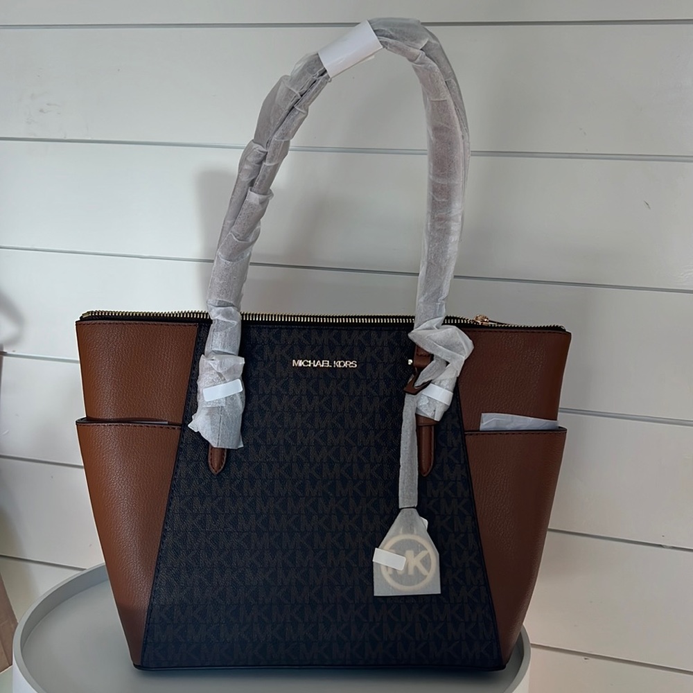 NWT MICHAEL KORS CHARLOTTE LARGE TZ TOTE IN BROWN